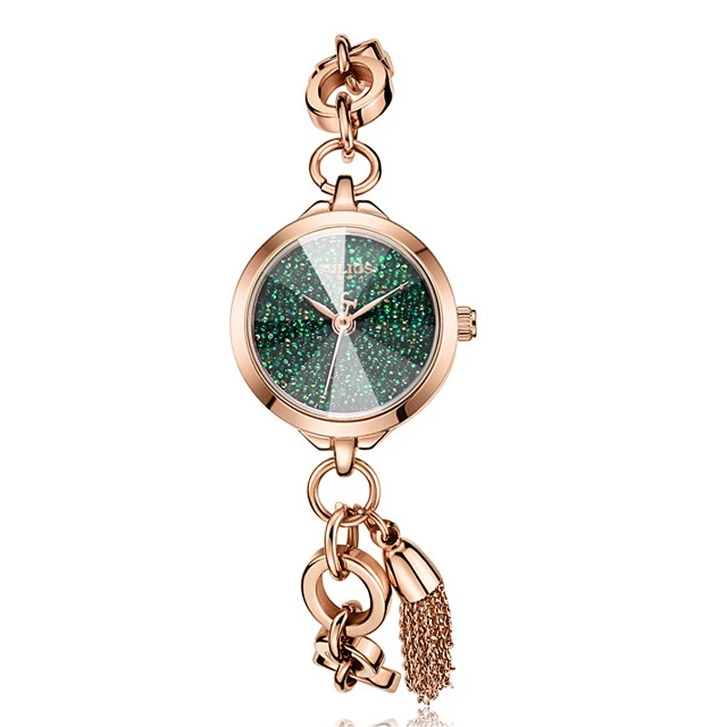 Rose Gold Green Мини Модные кисточкой женские часы Япония Кварцевые маленькие часы браслет резка стекло день рождения девушки Рождественский подарок Julius - Цвет: Rose Gold Green