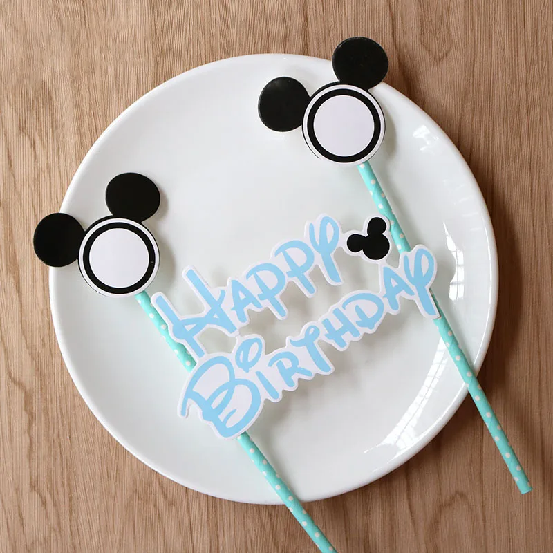 Blue Mickey Минни торт Топпер с бумажной соломинкой для детского душа украшения Anniversaire Микки флажки для торта вечерние кекс - Цвет: Blue Mickey