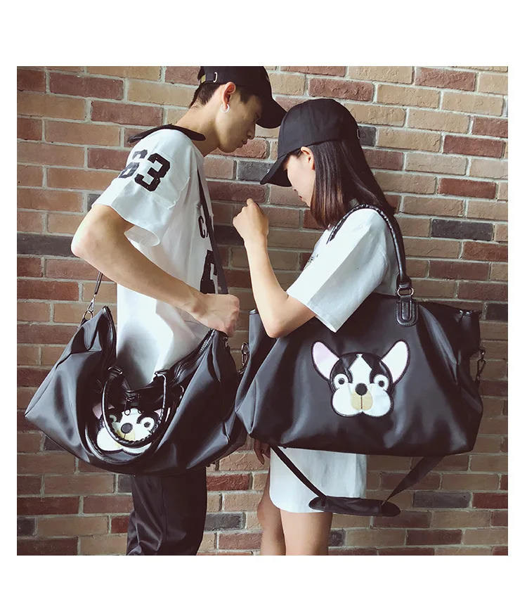 Fashion Casual PU Leather Travel Bags Black Couple Cartoon Dog Embroidery Overnight Weekend Bag Short Trip GYM Big Hand Luggage