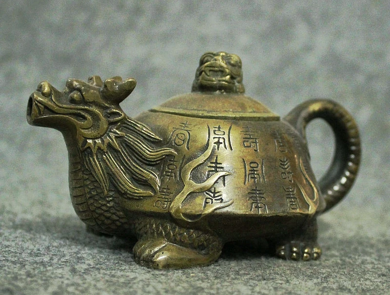FengShui Китай Бронзовая медная 100 Shou голова черепахи дракона Статуя чайник с винным