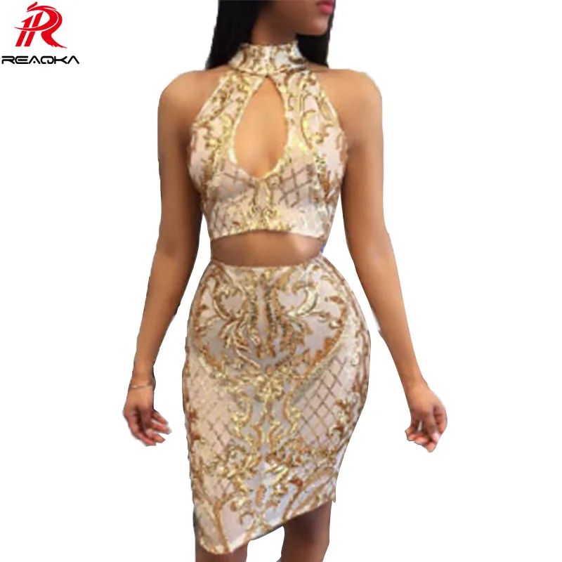 Reaqka Women Summer Two pieces Golden Sequins Dress 2017 Sexy sleeveless Sundress Luxury Club Off Shoulder Party Dresses vestido|vestido off|dress