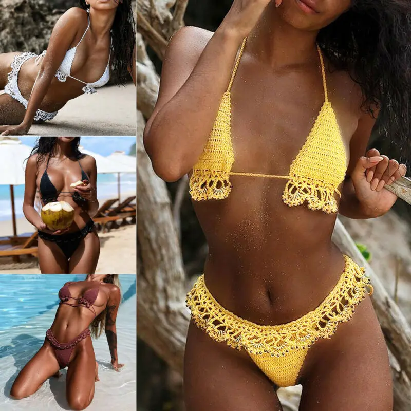 Women Push-up Strappy Knit Crochet Padded Bra Bandage Bikini Set Swimsuit Triangle Thong Bottoms Swimwear Summer Bathing