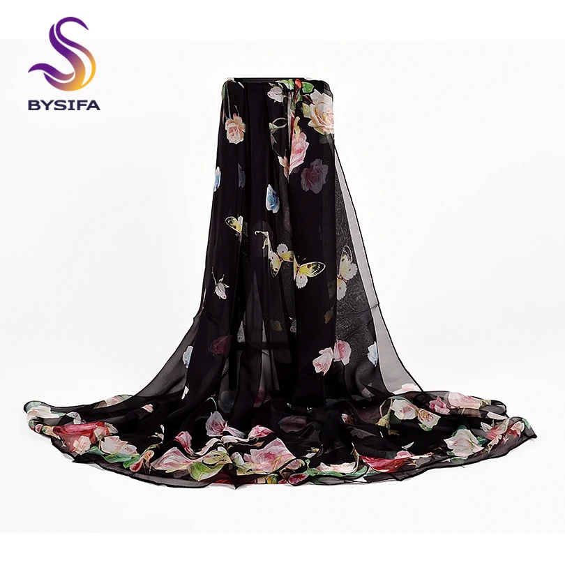 

[BYSIFA] Fall Winter Roses Black Silk Scarf Shawl Women Fashion Luxury Brand 100% Silk Long Scarves Summer Beach Cover-ups Shawl