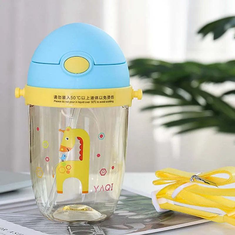 360ml Blue 360 мл Детская школьная бутылка для питьевой воды с изображением животных из мультфильмов, соломенная чашка-непроливайка с плечевым ремнем - Color: 360ml Blue