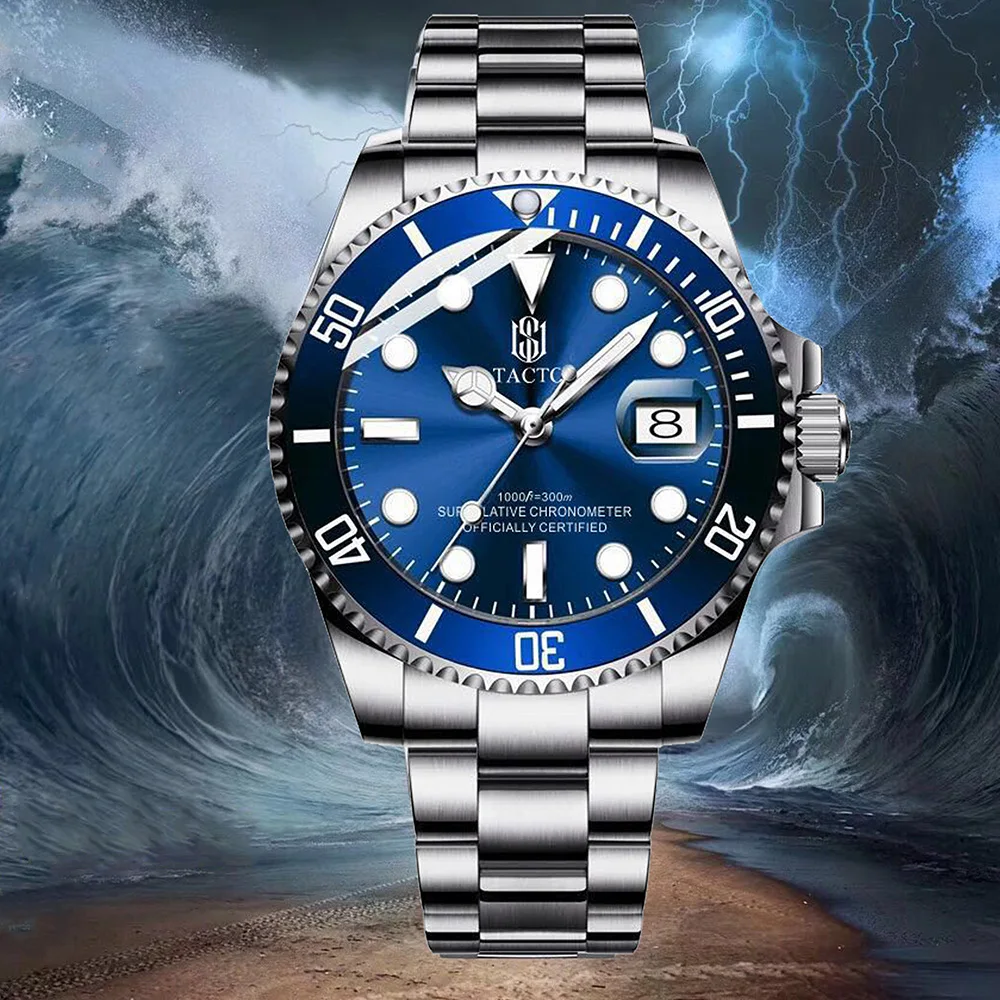 

2021 New Arrivals TACTO Men's Watches Stainless Steel Calendar Japan Sub Quartz Watch Rotatable Bezel Diver Watch 50m waterproof