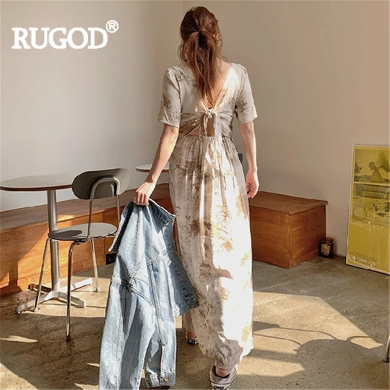 Женское длинное платье RUGOD пляжное до щиколотки с принтом и бантом 2019|Женские