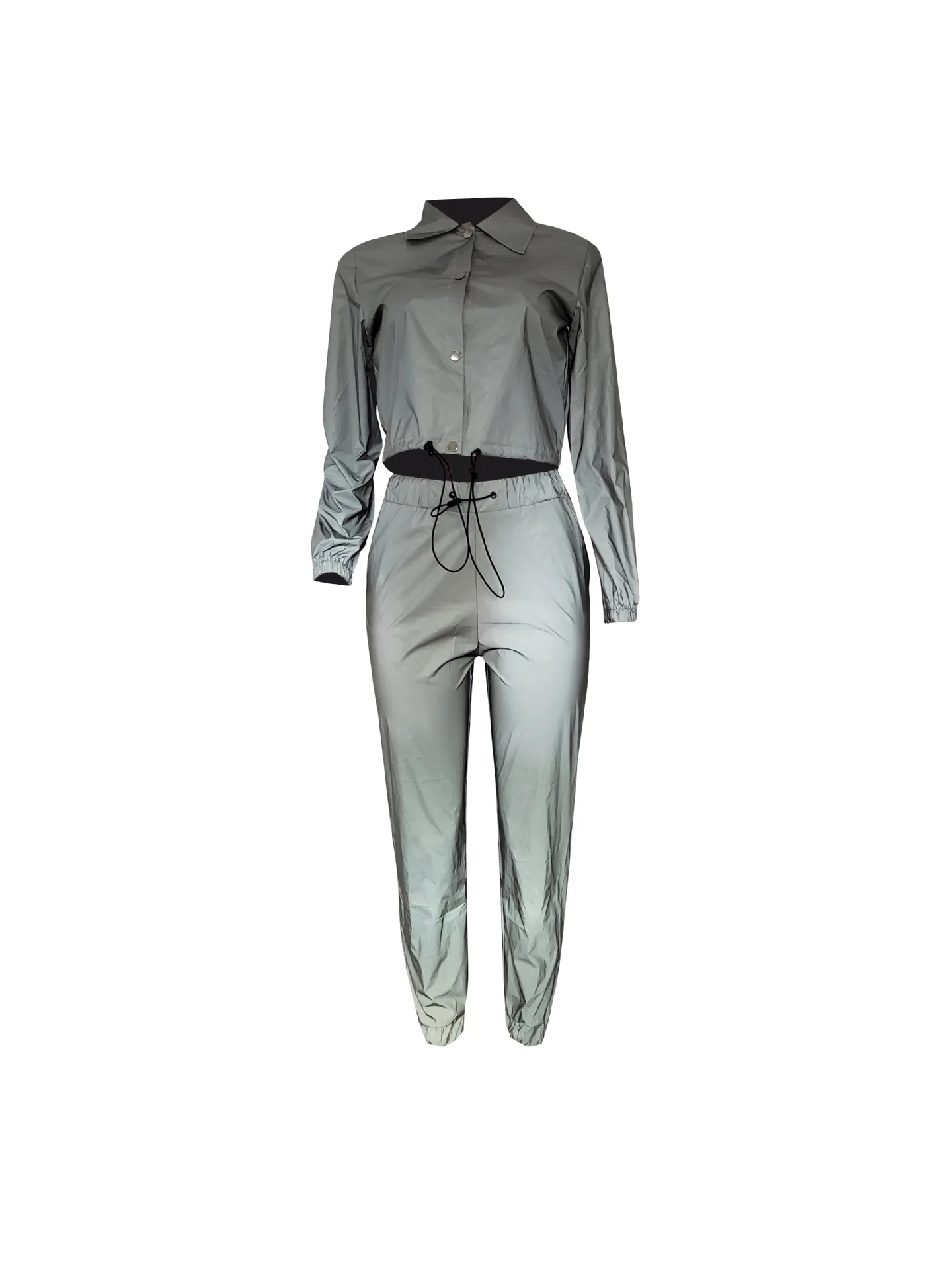 Women Sexy Reflective Tracksuit Night Version Buttons Turn Down Collar Long Sleeve Crop Top+ Casual Pants Two Piece Set