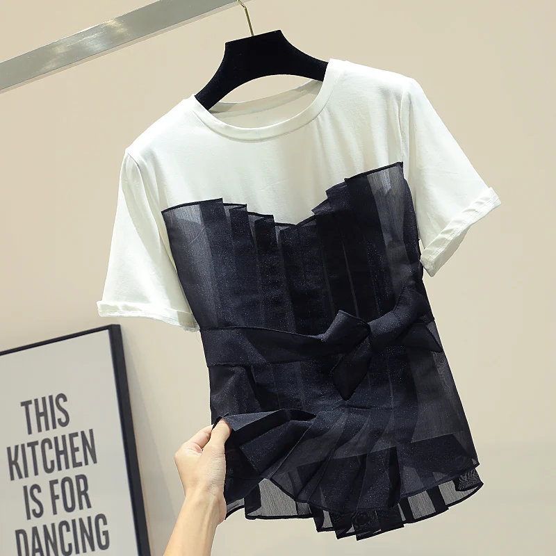 Футболка женская сетчатая составного кроя с коротким рукавом и асимметричным