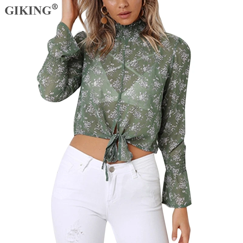Giking/женские шифоновые рубашки Короткие топы повседневные блузы с длинным