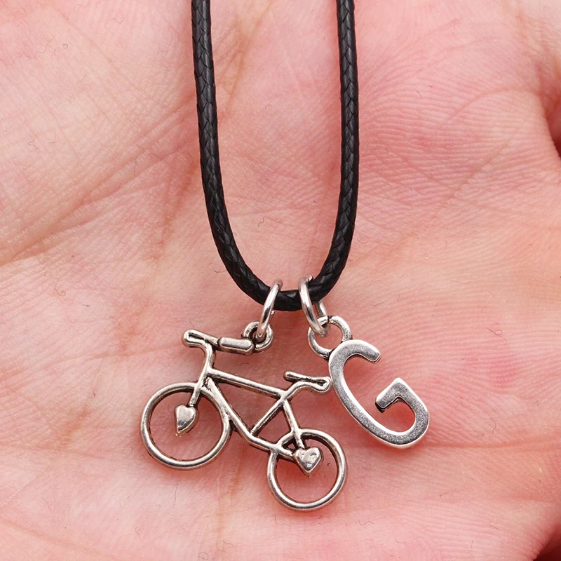 

A-Z Letter I Love Bike DIY Tibetan Silver Color Pendant Black Leather Necklace Handmade Fashion Jewelry for Men Women Gift