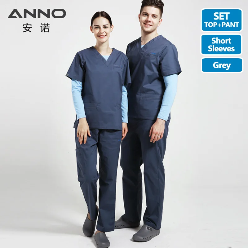 HuiSe-Short Sleeve Эластичная форма медсестры из хлопка и спандекса для женщин и мужчин, медицинский костюм, стоматологический больничный набор, рабочая одежда, одежда для кормления - Цвет: HuiSe-Short Sleeve