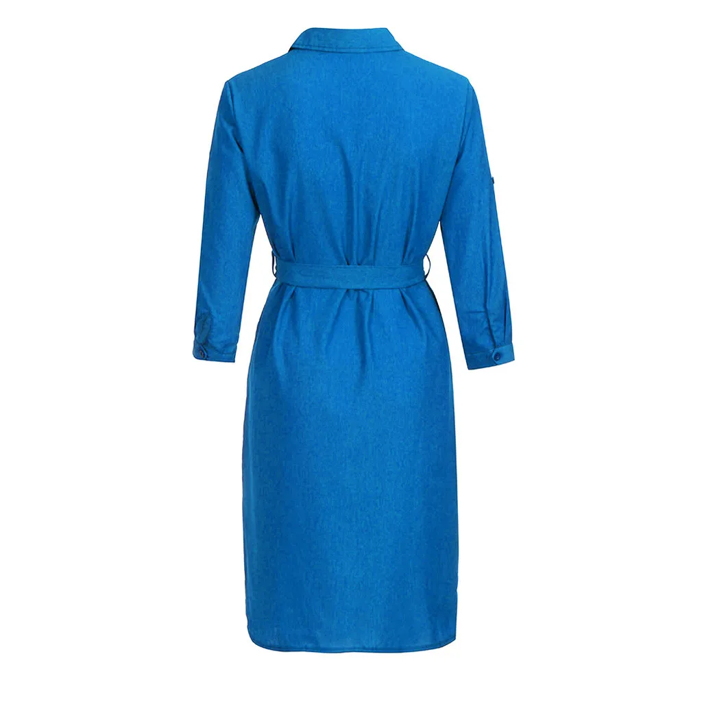 Женское офисное платье с длинным рукавом и пуговицами свободное миди отложным