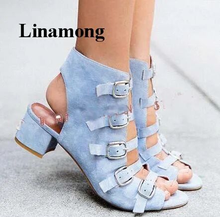 

Summer Fashion Buckle Strap Square Heel Sandals Denim Fabric Solid Casual Square Heel Women Sandals