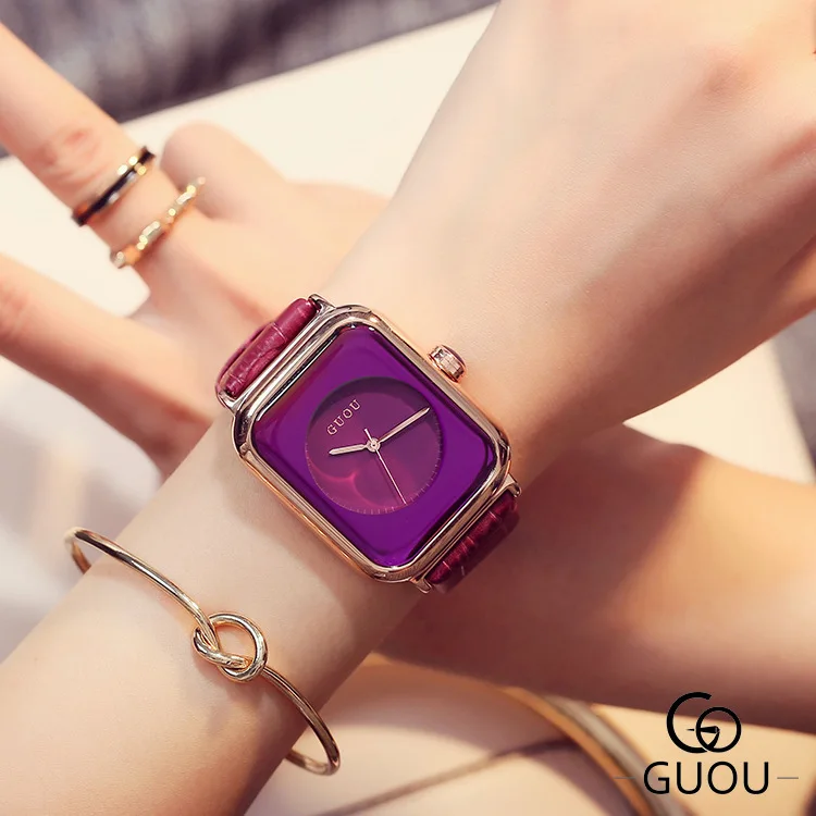 

Часы наручные GUOU женские кварцевые, брендовые Простые Модные с прямоугольным циферблатом, с ремешком из натуральной кожи