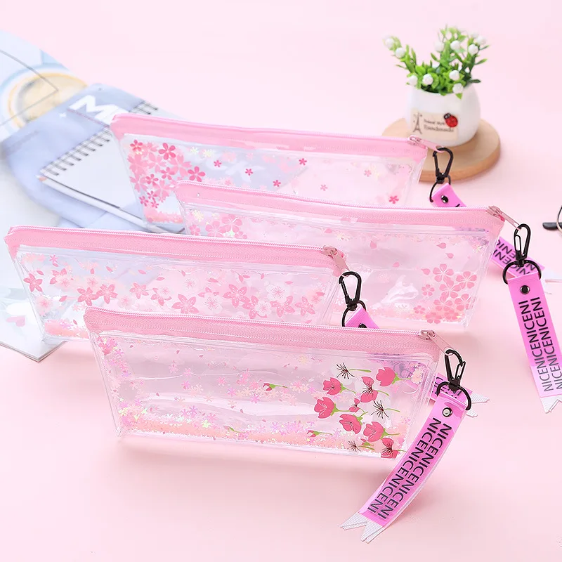 Желейный цветной пенал с блестящими цветами сакуры милый чехол на молнии для