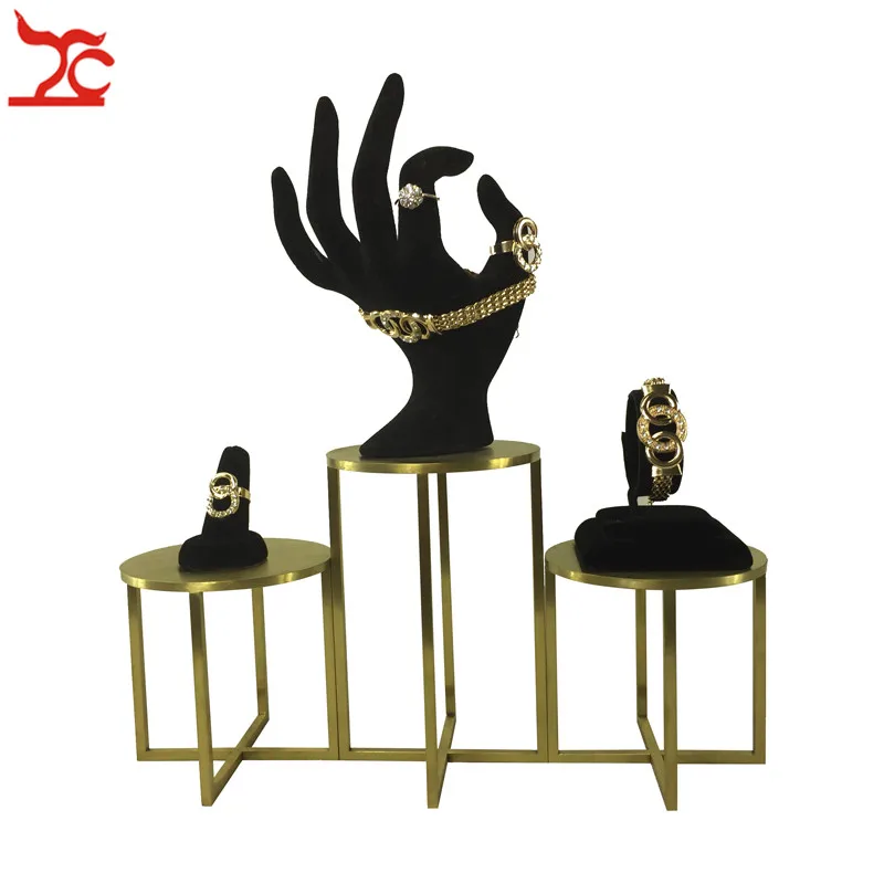

Quality Round Gold Stainless Steel Counter Store Window Shelf Black Velvet Ring Bangle Bracelet Jewelry Organizer Stand Kit