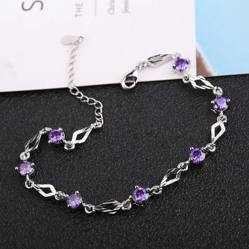 OMHXZJ Wholesale Personality Fashion OL Woman Gift Silver Geometric White Purple Zircon Chain 925 Sterling Bracelet BR48 | Украшения и