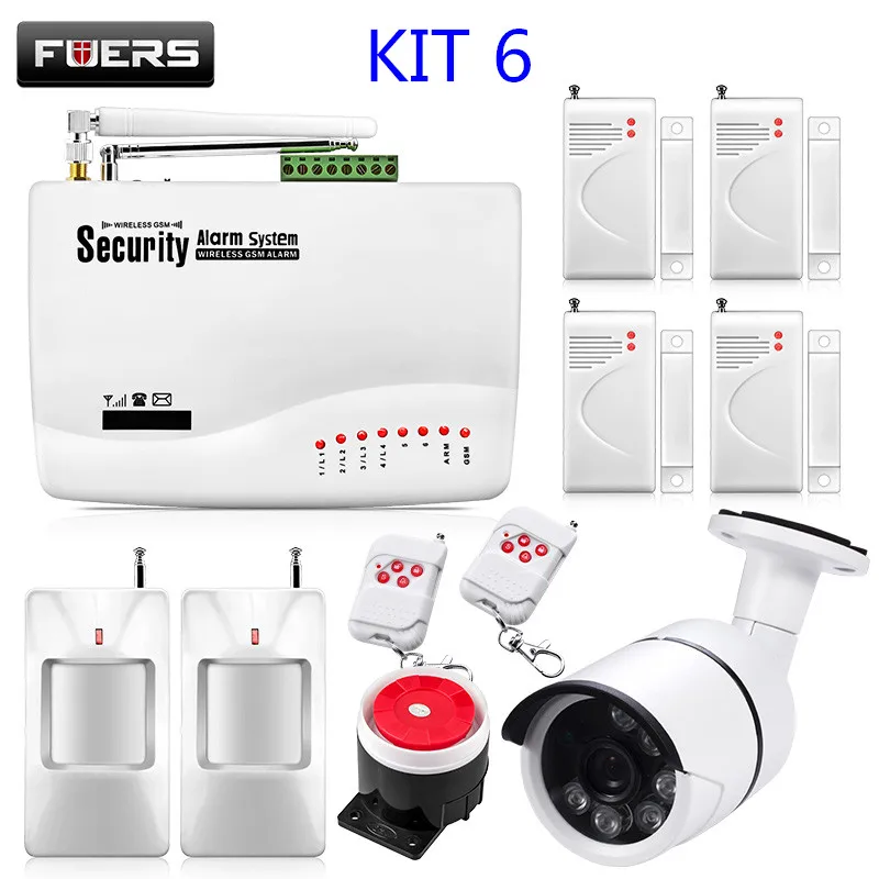 Fuers GSM сигнализация s охранная домашняя сигнализация комплекты Русский Голос с PIR датчиками движения дверные детекторы наружная IP камера