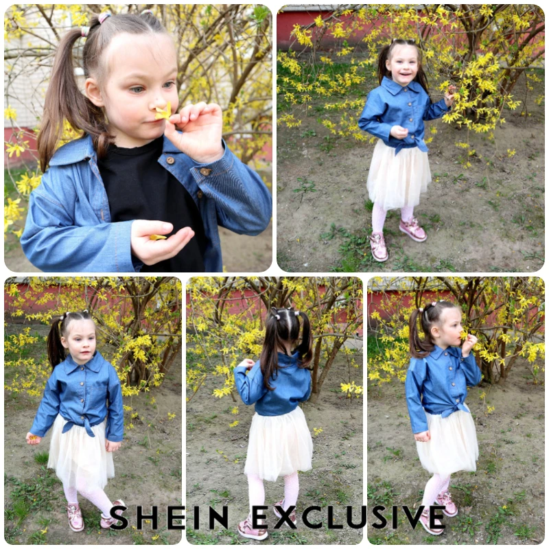 SHEIN Kiddie/комплект из джинсовой футболки с бантом и сетчатой юбки для маленьких девочек г. летние комплекты одежды с длинными рукавами для детей