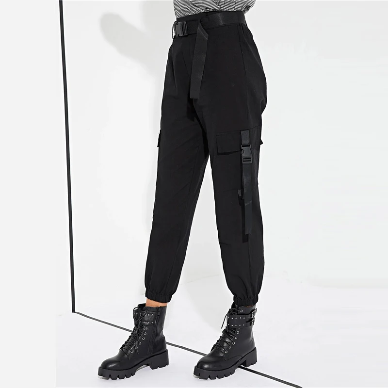 SweatyRocks, однотонные брюки-карго с карманами, уличная одежда, женские черные брюки в стиле рок, весна, женские повседневные брюки с поясом