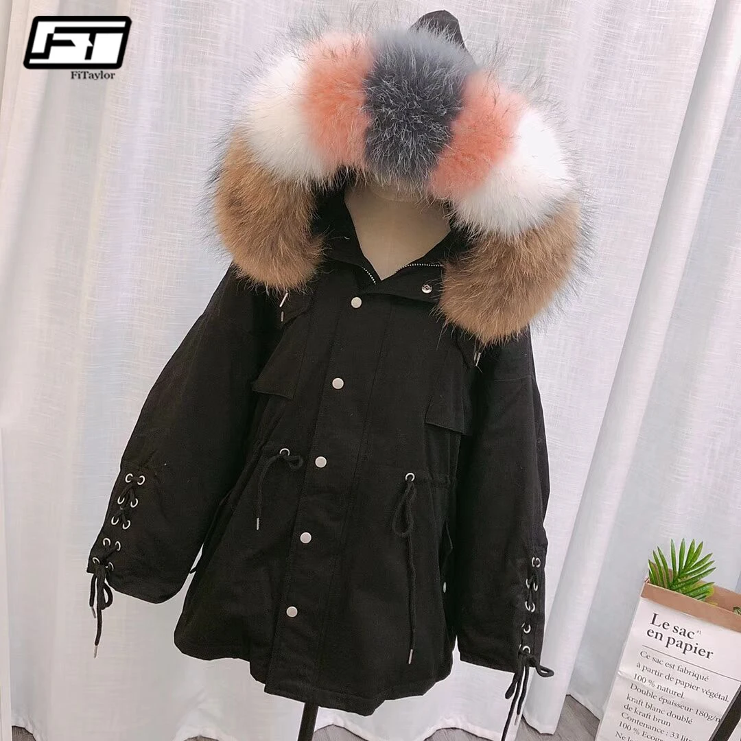 Fitaylor енота меховой воротник с капюшоном зимняя куртка пальто для женщин белая