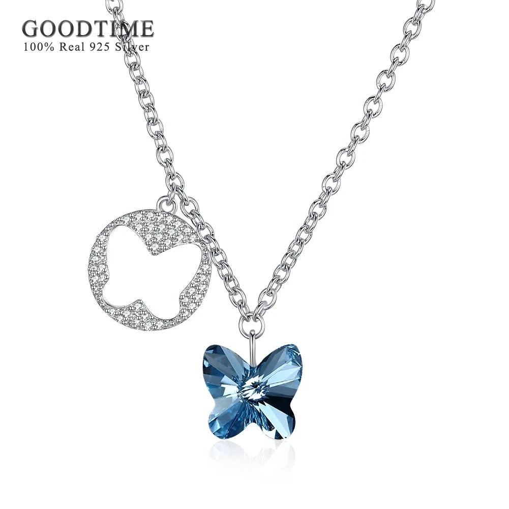 

Authentic 925 Sterling Silver Butterfly Pendant Necklaces For Women Sparkling Blue & Pink Crystal Pendants & Necklaces Jewelry
