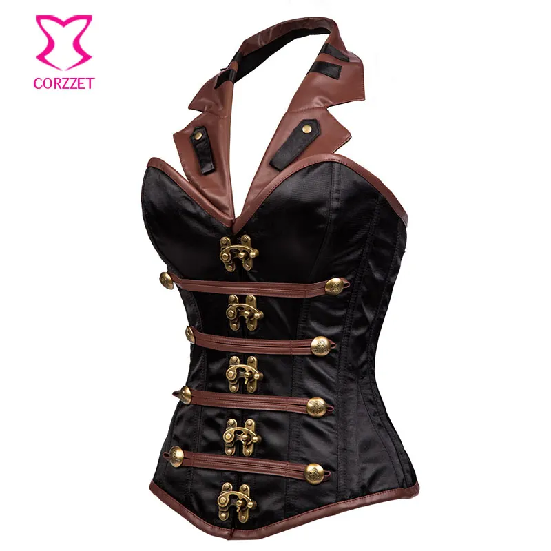 Черный атласный и коричневый кожаный военный корсет с воротником одежда в стиле