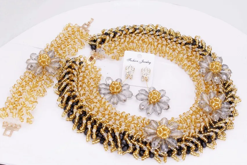 4 UJewelry золото комплект ювелирных изделий с прозрачными серебряными цветами Дубай