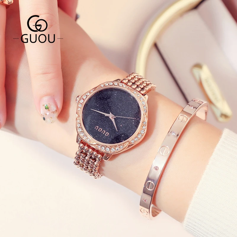 Часы наручные женские со стразами модные с металлическим браслетом звездное
