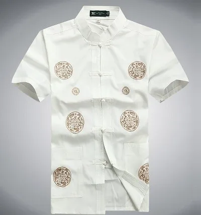 white chinese shirt Sheng Коко китайская рубашка Для мужчин Дракон узор короткий рукав мужской традиционный китайская рубашка белый Tangzhuang ушу Костюмы человек 3XL - Цвет: white chinese shirt