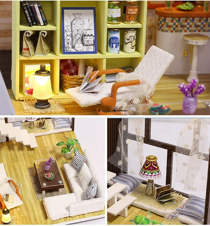 Сборный DIY игрушечный деревянный дом, деревянный миниатюрный кукольный домик, миниатюрные кукольные домики, игрушки с мебели, светодиодный светильник, подарок на день рождения