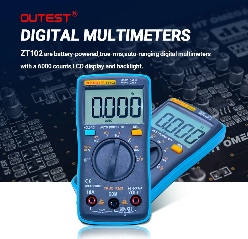 OUTEST ZT102 Ture RMS цифровой мультиметр AC/DC Напряжение Ток температура Ом Частота Диод Сопротивление Емкость Тестер