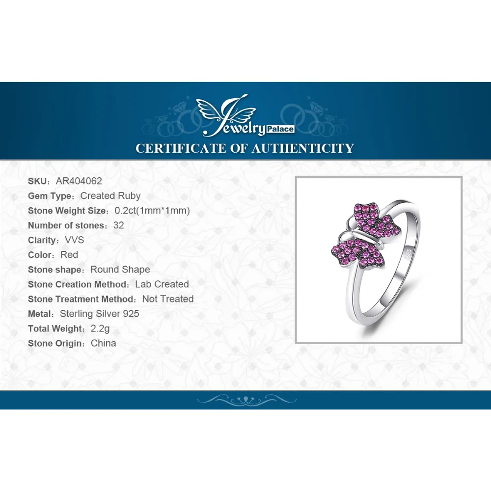 Jewelrypalace бабочка 0.2ct СОЗДАН RUBY Проложить Кольцо стерлингового серебра 925 Шарм S925