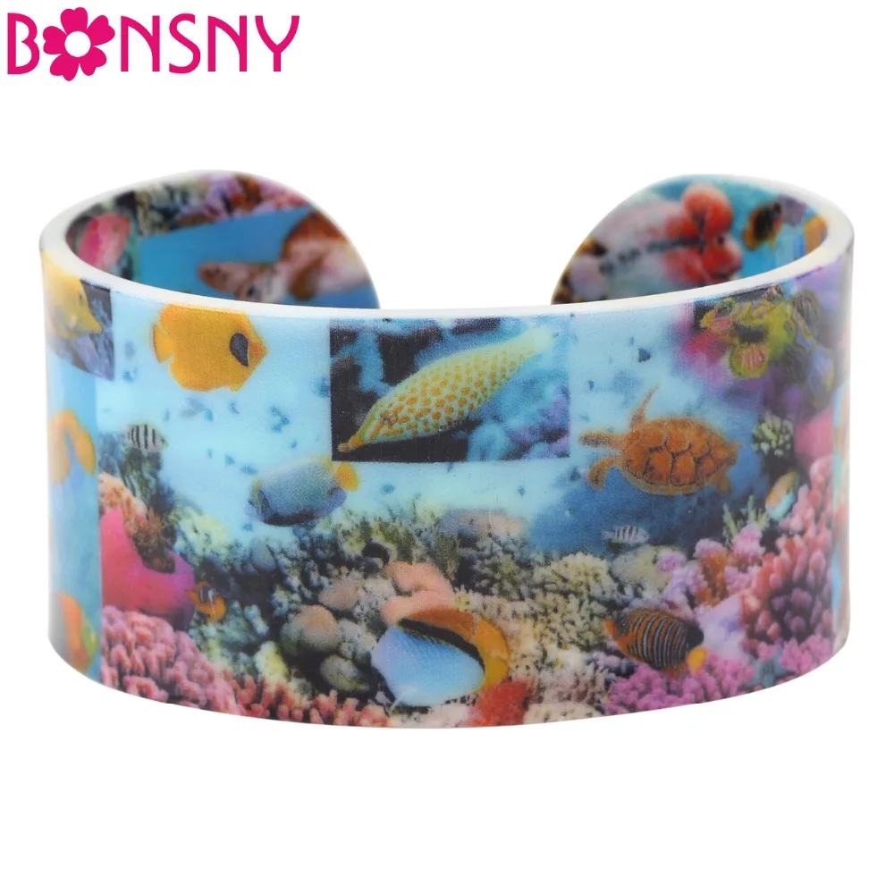 

Bonsny Acrylic Fish Pattern Wide Sea Bracelets Bangles Marine Organisms Jewelry For Women 2017 New Ocean Collection Bijoux