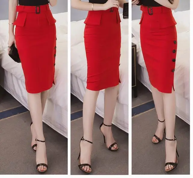 Женская облегающая юбка карандаш красная черная с высокой талией на кнопках