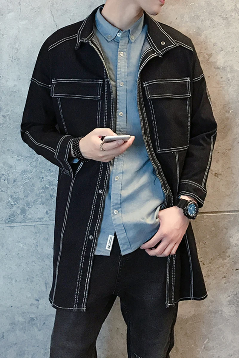 

Spring south Korean version of the long denim jacket of the men's large size of the young trend jacket of the young trend trench