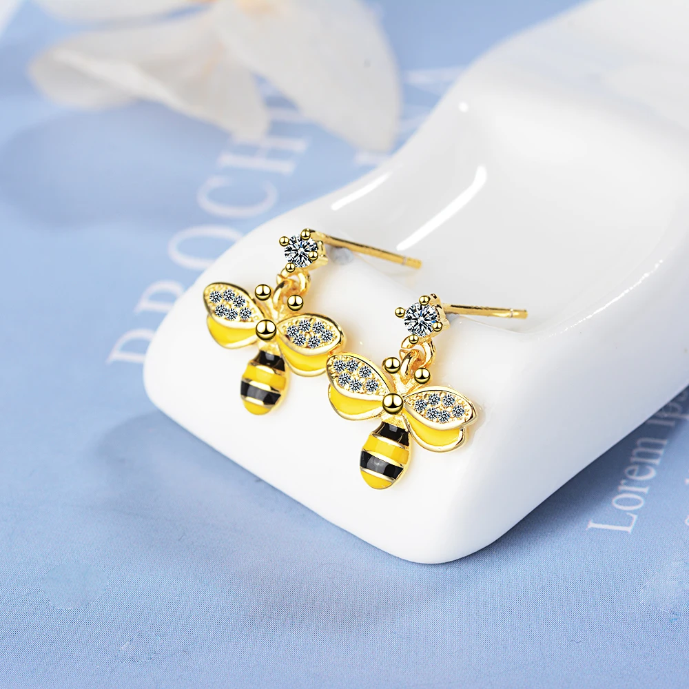 ANENJERY 925 Sterling Silver Epoxy Bee Earrings For Women Zircon oorbellen pendientes S-E766 | Украшения и аксессуары