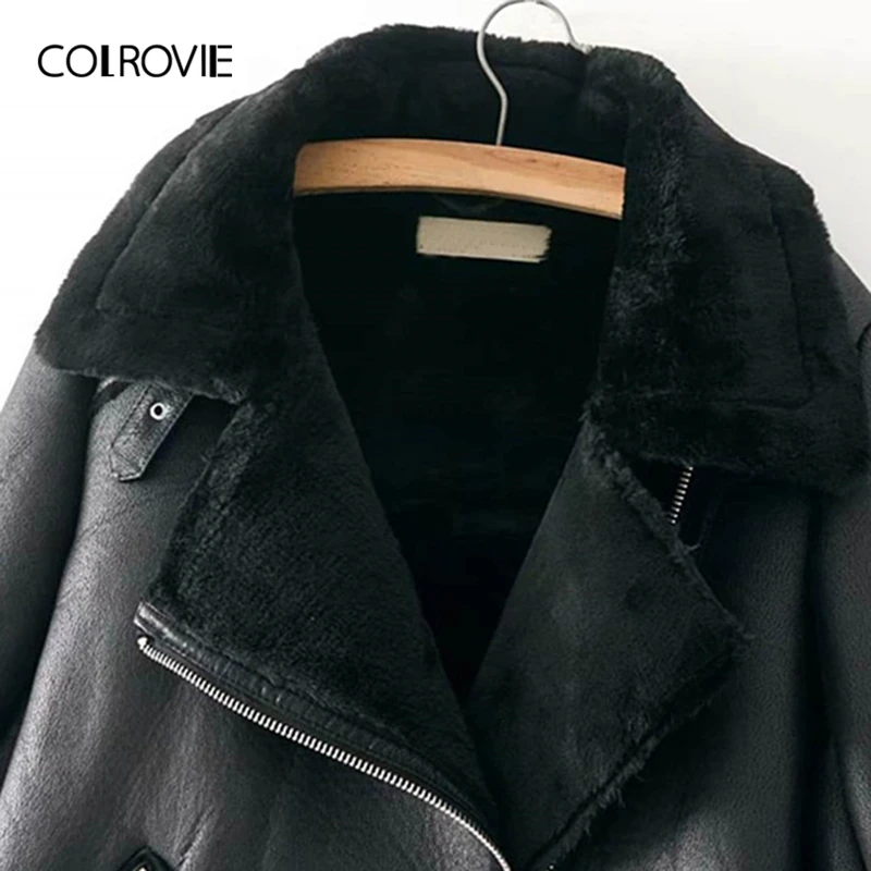 COLROVIE, черный Байкерский пояс на молнии с карманом из искусственного меха, искусственная кожа, Женская куртка,, уличная одежда, теплые женские куртки, верхняя одежда
