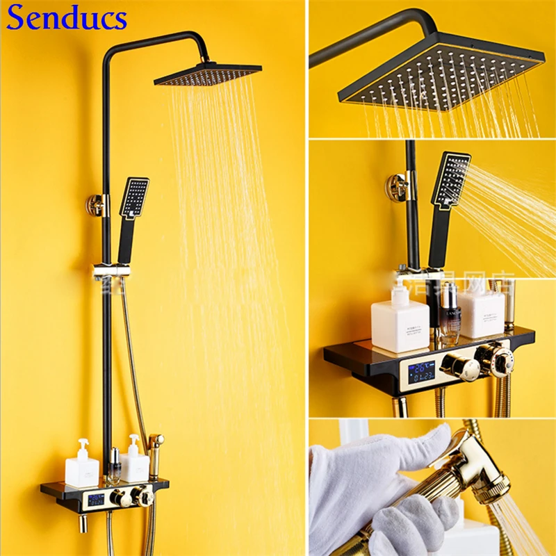 

Senducs Black Thermostatic Shower Set Brass Bathroom Shower System Bathroom Gold Bidet for Black Gold Digital Shower Set