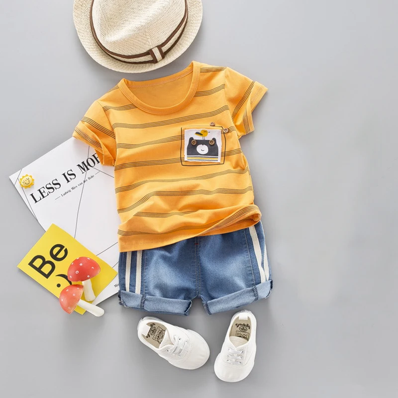 Kids Summer Outfit Toddler Baby Boy Stripe Cotton Clothing Set Cute Cartoon Children Boys T-Shirt+Shorts Suit | Детская одежда и