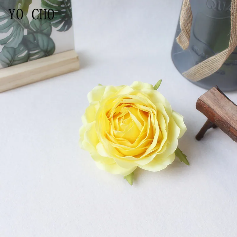 Yellow Йо Чо 9 см розы, искусственные цветы пионы из шелка красный, белый Искусственные головки цветов Свадебный Цветок Настенный декор для украшения дома - Цвет: Yellow