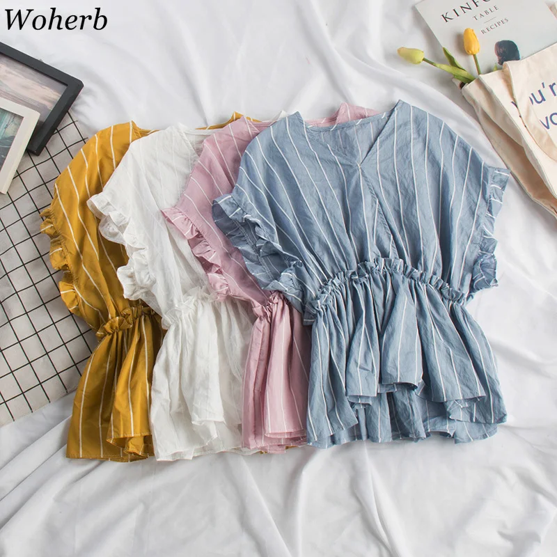 Женская блузка в полоску Woherb Повседневная Блузка с v образным вырезом и оборками