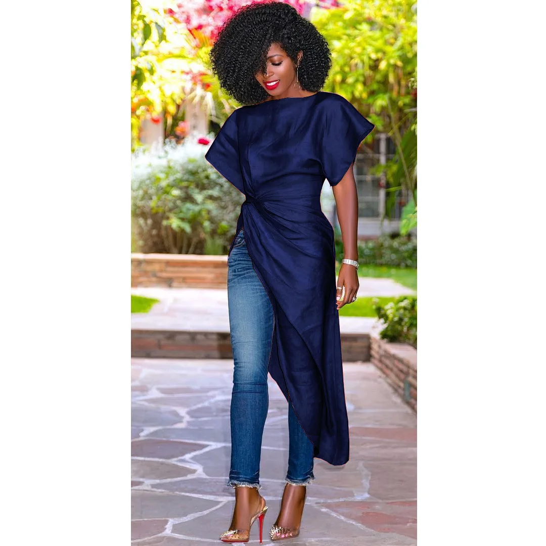 Solid Fashion Irregular Women Tshirt Office Lady Slash Neck Tee Shirt Femme Short Sleeve Summer Tunic Tops