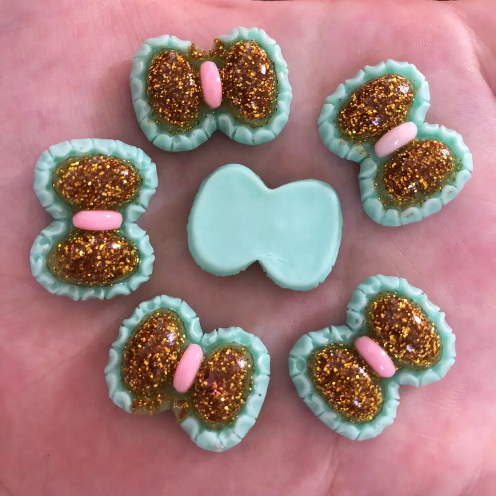 

DIY 60pcs 16mm*22mm Gold Powder Double-deck Bow Flatback Stones Child Scrapbooks DIY Resin Ornaments R65*10