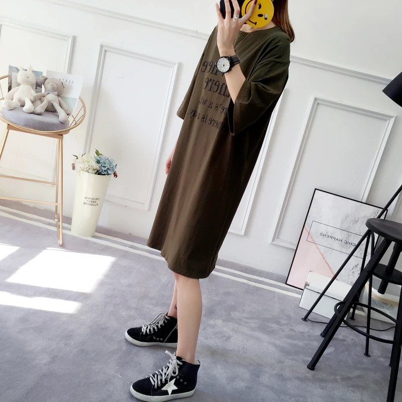 Летние платья из 100% хлопка Корейского стиля для женщин 2018 года, футболки с круглым вырезом, платья свободного кроя большого размера, покрывающие животик, топы с надписью J124.