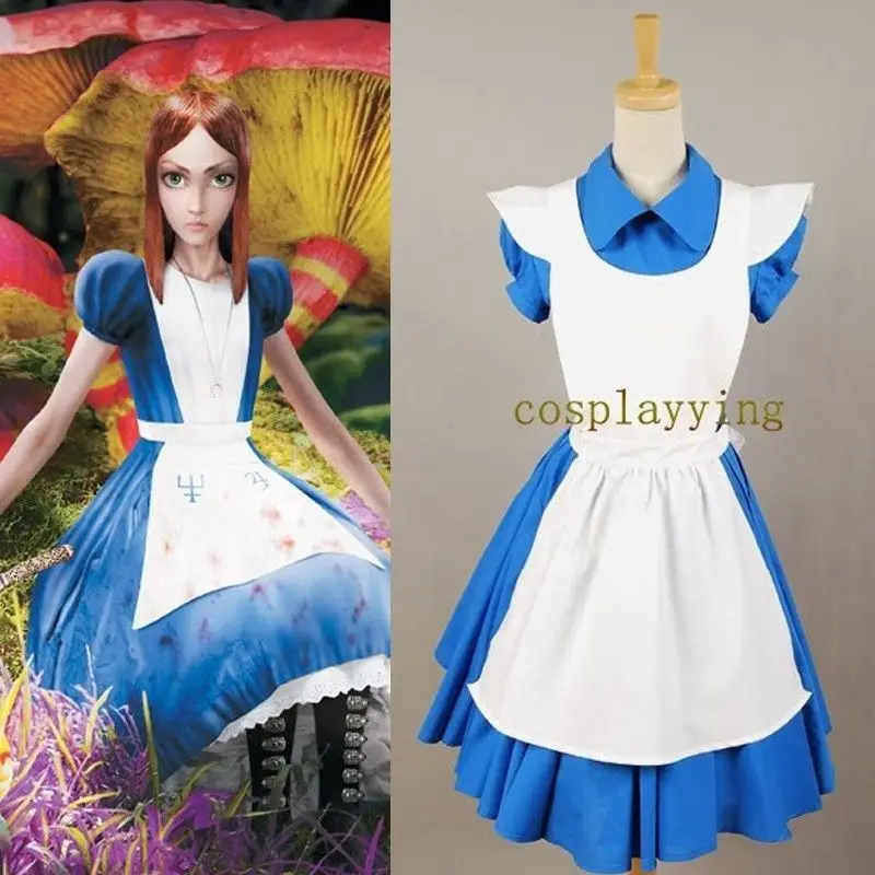 Алиса в стране чудес синий костюм для косплея горничной платье передник Горячая