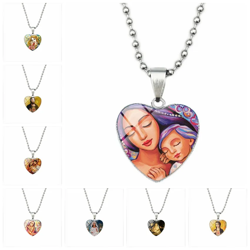 30 Global Mom's Love Vintage Christ Jesus Oil Painting Love Heart charm Necklace Jewish Time Mother's Gift Art Necklace jewelry