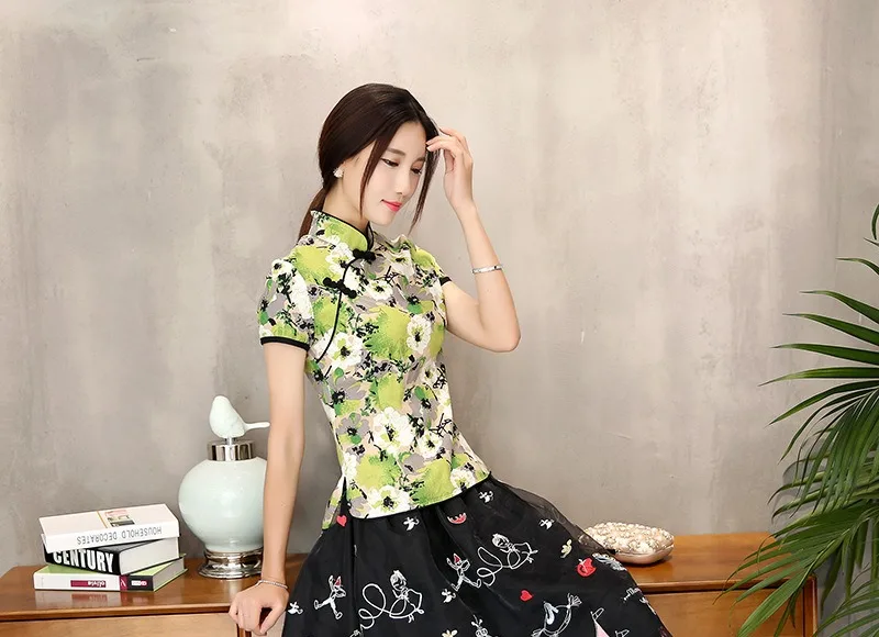 Шанхай история Мандарин воротник женская Qipao рубашка Китайский Топ короткий рукав cheongsam Топ Традиционный китайский льняная блузка