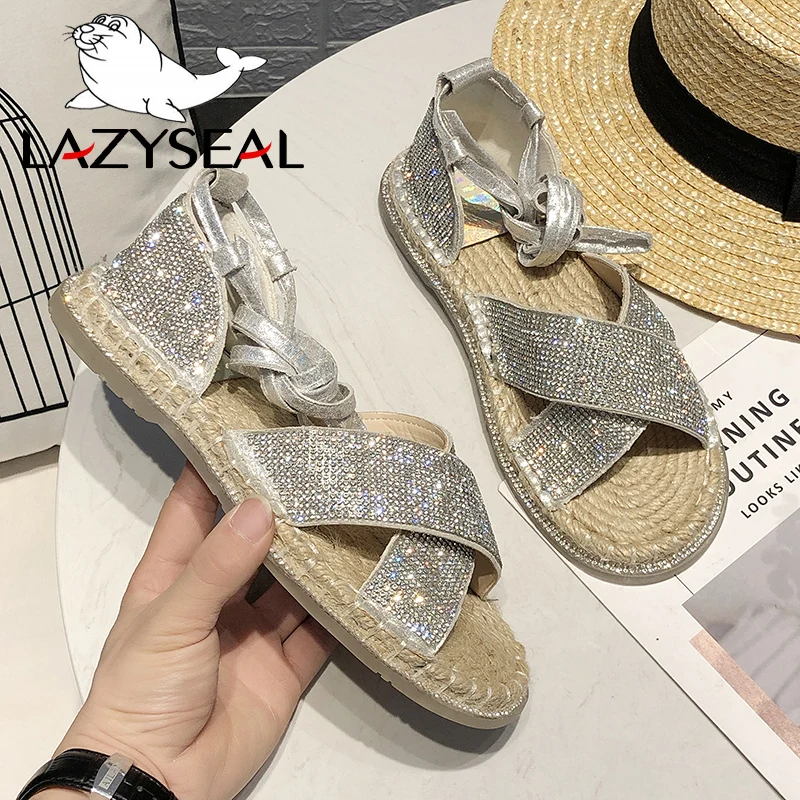 LazySeal/летние шлепанцы; женская обувь; сандалии с перекрестной шнуровкой и кристаллами; женская обувь на плоской подошве; женские мокасины; mules; обувь для женщин