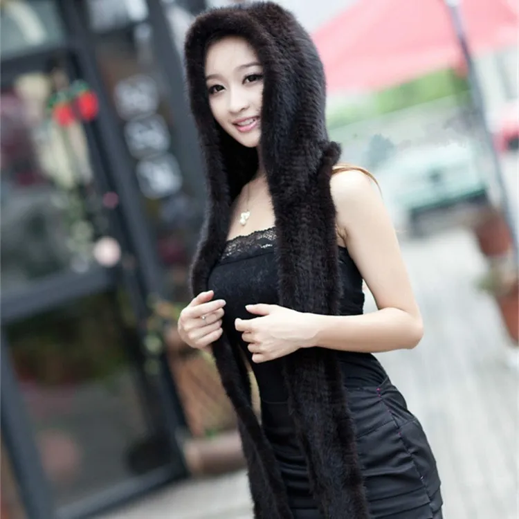 Winter mink fur hat scarf Women cap thermal knitted one piece warm Muffler for women | Аксессуары для одежды